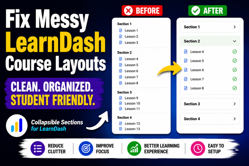 Organize a long LearnDash course into sections with a before and after comparison of a collapsible accordion layout